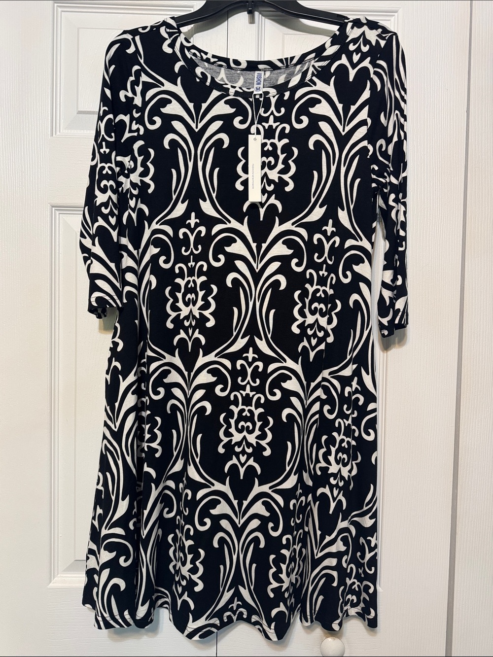 Women's Black & Cream Midi Dress with Decorative Print